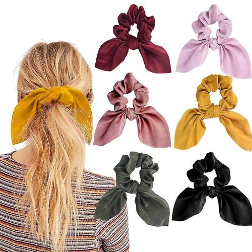 Lot De 6 Chouchous En Satin De Soie Avec N?ud En Forme D'oreille De Lapin - Colorés, Sans Danger, Parfaits Pour Tous Types De Cheveux 