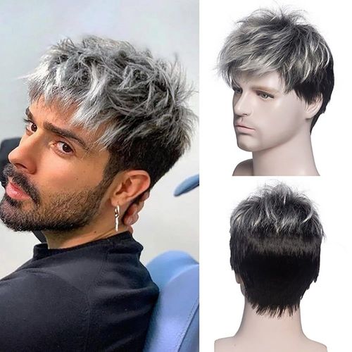 Perruque Elfique Courte Pour Homme ¿ Mélange De Couleurs Noir Et Gris, Postiche Synthétique Élégant Pour Un Usage Quotidien Et Le Cosplay 
