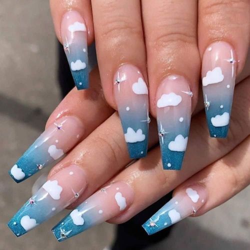 Faux Ongles Cercueil Dégradé Bleu Nuage | Faux Ongles Longue Tenue Pour Femme | Application Facile Et Ajustement Parfait 