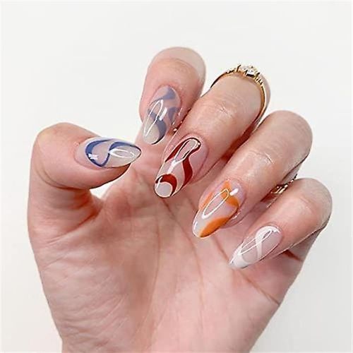 Lot De 24 Faux Ongles À Coller Motif Vague Arc-En-Ciel ¿ Couleur Amande Moyenne Pour Un Nail Art Confortable Et Durable 