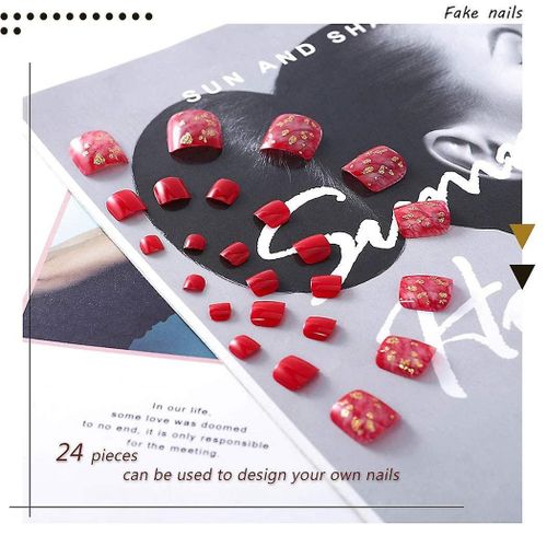 Ensemble Élégant D'ongles Rouges À Coller Pour Les Pieds - 24 Faux Ongles En Acrylique À Couverture Complète Avec Paillettes Et Options De Personnalisation 