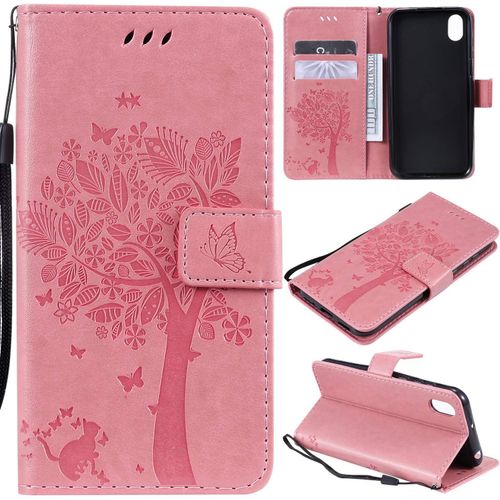 Coque Compatible Avec Huawei Y5 2019 / Honor 8s - Cuir Flip Étui/Portefeuille Case Cover Housse Tpu Silicone - Arbre Et Chat - Rose