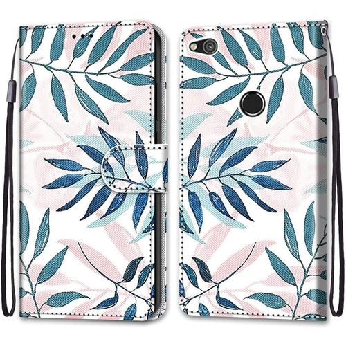 Coque Portefeuille Compatible Avec Huawei P8 Lite 2017/Honor 8 Lite Flip Étui Case Position De La Carte Et Fonction Support Feuilles Vertes