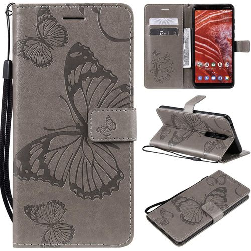 Compatible Avec Nokia 3.1 Plus Coque, Flip Étui Housse Case- Conception Avec Fonction Portefeuille Et Support - Motif Papillon Gris