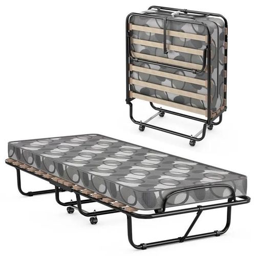 Lit Pliant 1 Personne Adulte 190 X 80 Cm Costway, Matelas En Mémoire 6,5 Cm, Charge 130 Kg, 4 Roulettes, Sommier À 15 Lattes, Gris