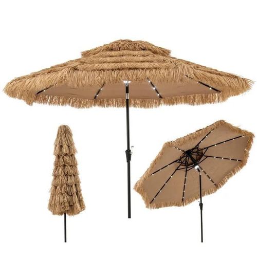 Parasol De Plage En Paille 313 X 251cm -Costway- 32 Leds Inclinaison À 35° - Résistant Au Soleil Style Hawaïen Pour Plage Jardin