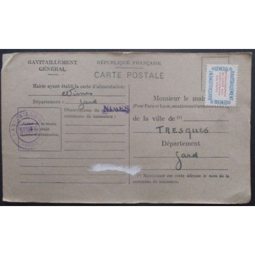 France Service N°15a Sur Carte De Ravitaillement De Nimes (Gard) Pour Tresques (Gard)