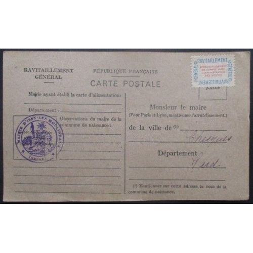 France Service N°15a Sur Carte De Ravitaillement D'issy (92) Pour Tresques (Gard)