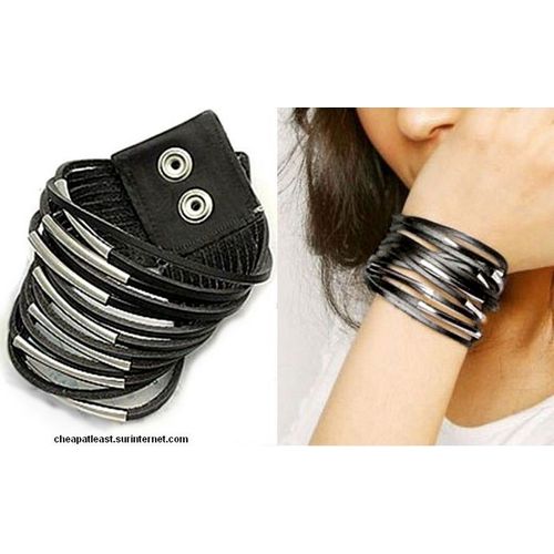 Bracelet Punky Rock Multi Rangs 13 Brins Cuir Noir + Métal Argenté - Style Tendance Gothique Surfeur Emo Chic