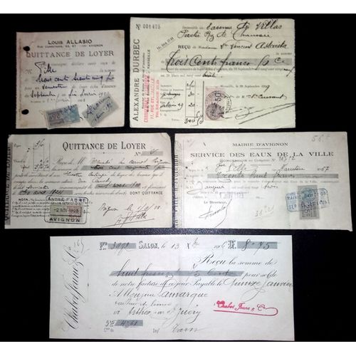 Lot De 5 Quittances Ou Reçus Avec Timbres Fiscaux 1920