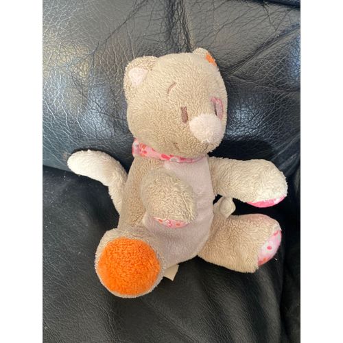 Doudou Chat Noukies Gris Blanc Orange Coeur Rose Assis 14cm