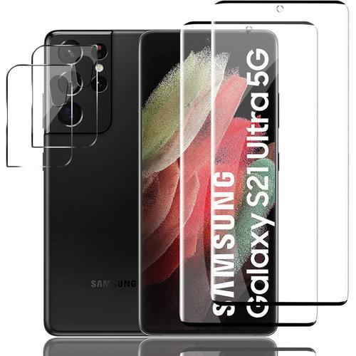 2+2 Pièces Verre Trempé Pour Samsung Galaxy S21 Ultra 5g, 2 Pièces Film Protection Ecran Avec 2 Pièces Caméra Arrière Protecteur, Ultra-Hd Film Protection Écran, 9h Dureté, Sans Bulles