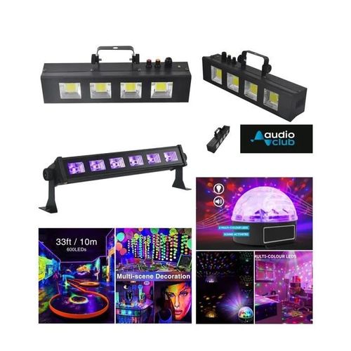 Jeux de lumière STROBE A LEDS COB 4 x 20W AUDIO CLUB + Astro Ball Magic DJ Ball 6 x LEDS 1W BOULE LEDS DISCOBALL ASTRO + BARRE UV