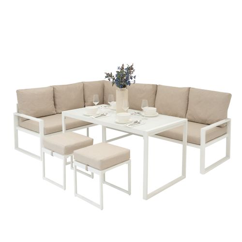 Ensemble Meubles De Jardin En Aluminium Blanc 7 Places Salon Extérieur Modulaire En Forme De L Table Avec Plateau En Verre Tabourets Coussins Épais Housses Lavables Housse Imperméable Inclus