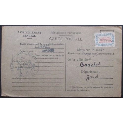 France Service N°15a Sur Carte De Ravitaillement De Lirac (Gard) Pour Codolet (Gard)
