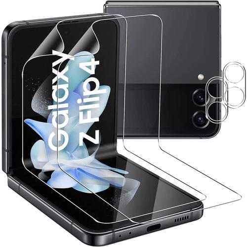 [4 Pièces] Protection Écran Compatible Avec Samsung Galaxy Z Flip 4 5g,2 Pièces Protection Écran Souple Et 2 Pièces Caméra Verre Trempé,[Film Flexible] [Soft Hd Tpu] [Clear Anti-Rayures].