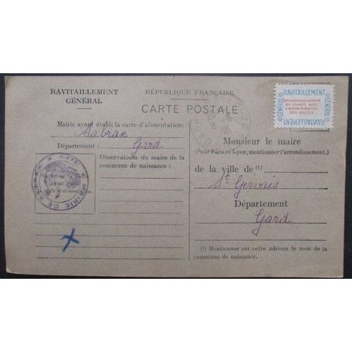 France Service N°15a Sur Carte De Ravitaillement De Sabran (Gard) Pour St Gervais (Gard)
