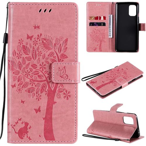 Coque Pour Oneplus 8t - Cuir Flip Étui/Portefeuille Case Cover Housse Tpu Silicone - Arbre Et Chaton - Rose