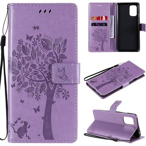 Coque Pour Oneplus 8t - Cuir Flip Étui/Portefeuille Case Cover Housse Tpu Silicone - Arbre Et Chaton - Violet Clair