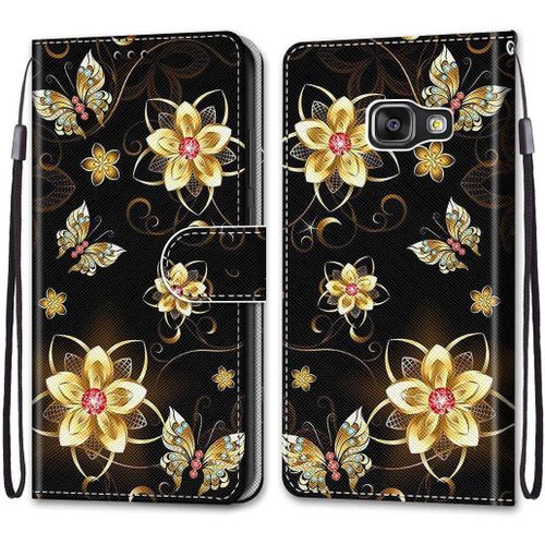 Coque Pour Samsung Galaxy Sm-A310f / A3 2016, Flip Housse Fente Pour Carte Walletêtre Applicable Samsung Galaxy Sm-A310f / A3 2016 - Fleurs Dorées
