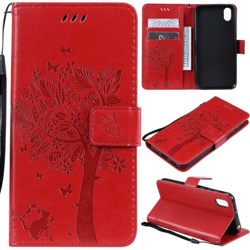 Coque Pour Huawei Y5 2019 / Honor 8s - Cuir Flip Étui/Portefeuille Case Cover Housse Tpu Silicone - Arbre Et Chat - Crimson