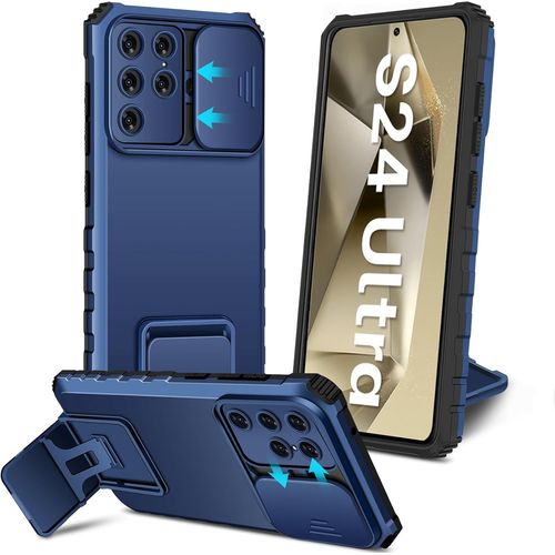 Coque Pour Samsung Galaxy S24 Ultra Étui Protection De Caméra, Avec Support, Ultra Mince Dur En Fibre De Carbone Housse Antichoc De Grade Militaire Case Coque Samsung S24 Ultra 5g Bleu