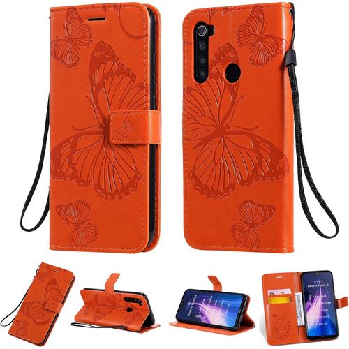 Pour Xiaomi Redmi Note 8 Coque, Flip Étui Housse Case- Conception Avec Fonction Portefeuille Et Support - Motif Papillon Orange