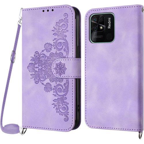 Coque Xiaomi Redmi 10c Avec Cordon, Etui Xiaomi Redmi 10c Avec Cordon Collier, Etui Portefeuille Protection Housse En Cuir Pu Avec Bandoulière Réglable Lanyard Case Cover Violet