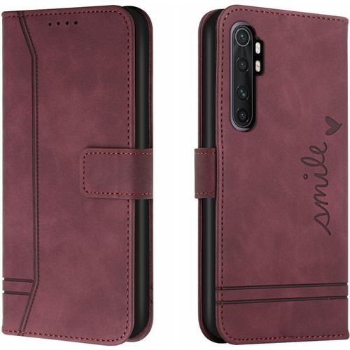 Etui Coque Pour Xiaomi Mi Note 10 Lite 5g, Couverture À Rabat De Couleur Unie Design Classique Avec Fentes Cartes, Impression De Coeur Portefeuille Case - Rouge