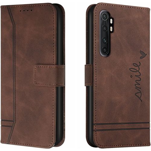 Etui Coque Pour Xiaomi Mi Note 10 Lite 5g, Couverture À Rabat De Couleur Unie Design Classique Avec Fentes Cartes, Impression De Coeur Portefeuille Case - Brun Café