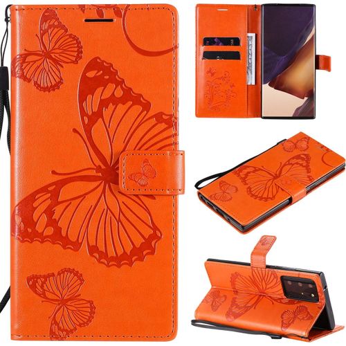 Pour Samsung Galaxy Note 20 Ultra/Note 20 Plus 5g Coque, Flip Étui Housse Case- Conception Avec Fonction Portefeuille Et Support - Motif Papillon Orange