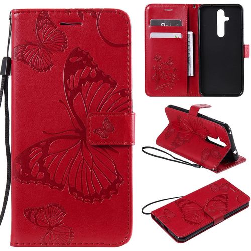 Pour Nokia 8.1 Plus / X71 Coque, Flip Étui Housse Case- Conception Avec Fonction Portefeuille Et Support - Motif Papillon Rouge