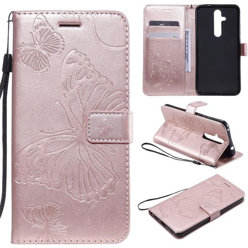 Pour Nokia 8.1 Plus / X71 Coque, Flip Étui Housse Case- Conception Avec Fonction Portefeuille Et Support - Motif Papillon Or Rose