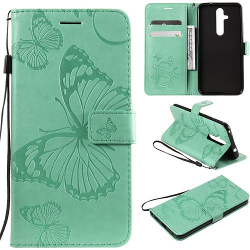 Pour Nokia 8.1 Plus / X71 Coque, Flip Étui Housse Case- Conception Avec Fonction Portefeuille Et Support - Motif Papillon Vert