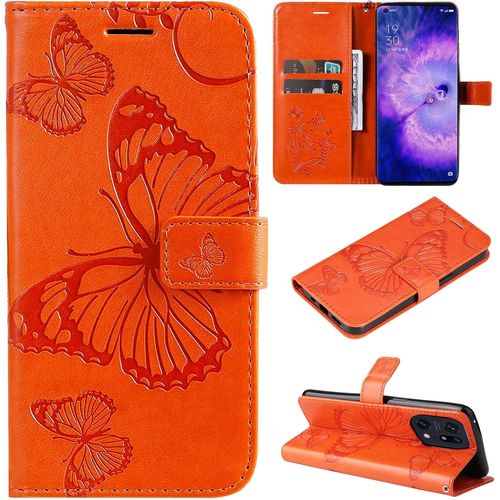 Pour Oppo Find X5 Pro Coque, Flip Étui Housse Case- Conception Avec Fonction Portefeuille Et Support - Motif Papillon Orange