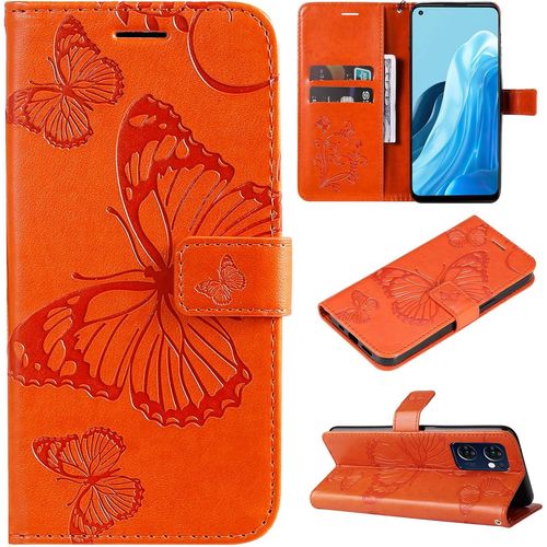 Pour Oppo Reno 7 / Find X5 Lite Coque, Flip Étui Housse Case- Conception Avec Fonction Portefeuille Et Support - Motif Papillon Orange