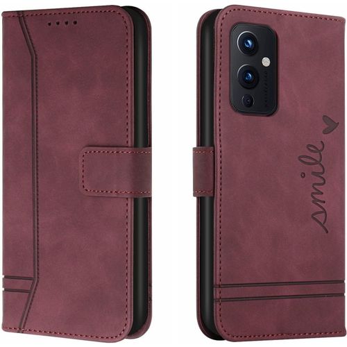 Etui Coque Pour Oneplus 9 5g Couverture À Rabat De Couleur Unie Design Classique Avec Fentes Cartes Antichoc Bumper Impression De Coeur Portefeuille Case Rouge