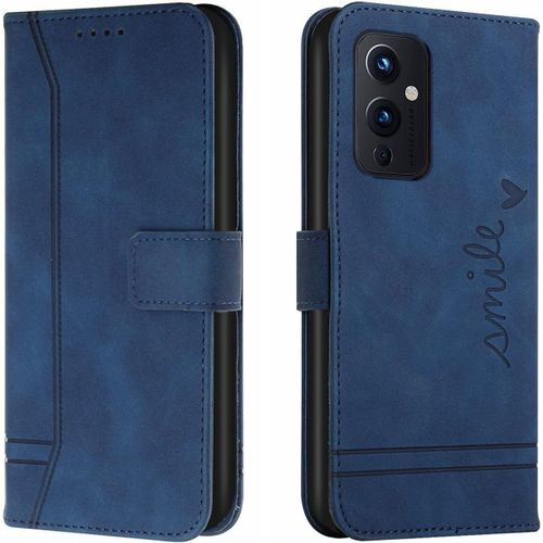 Etui Coque Pour Oneplus 9 5g Couverture À Rabat De Couleur Unie Design Classique Avec Fentes Cartes Antichoc Bumper Impression De Coeur Portefeuille Case Bleu
