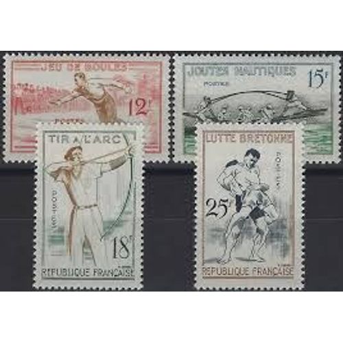 Jeux Traditionnels : Boules, Joutes Nautiques, Tir À L'arc, Lutte Bretonne Série Complète Année 1956 N° 1161 1162 1163 1164 Yvert Et Tellier Luxe