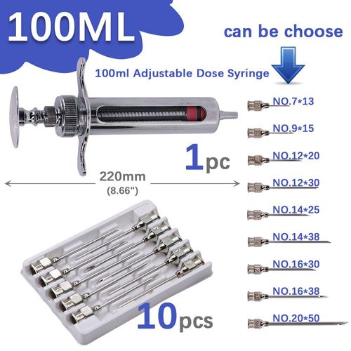 Seringue À Outil Vétérinaire 10-100ml,1 Ensemble,Injection De Vaccin,Dose Réglable,Tête D'épingle En Acier Inoxydable 304,Distribution De Bétail Et De Volaille - Type 100ml-1set-No.16 X 30mm