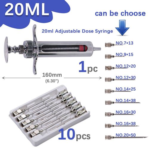 Seringue À Outil Vétérinaire 10-100ml,1 Ensemble,Injection De Vaccin,Dose Réglable,Tête D'épingle En Acier Inoxydable 304,Distribution De Bétail Et De Volaille - Type 20ml-1set-No.14 X 25mm