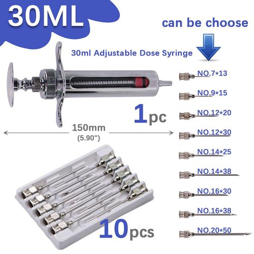 Seringue À Outil Vétérinaire 10-100ml,1 Ensemble,Injection De Vaccin,Dose Réglable,Tête D'épingle En Acier Inoxydable 304,Distribution De Bétail Et De Volaille - Type 30ml-1set-No.9 X 15mm