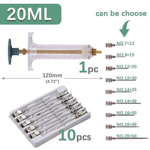 Seringue À Tuyau Réglable De 10/20/30/50/100ml,Injection De Vaccin,Aiguille En Acier Inoxydable 304,Tête D'épingle,Outils Vétérinaires Pour Ferme Et Bétail - Type 20ml-1set-No.12 X 30mm