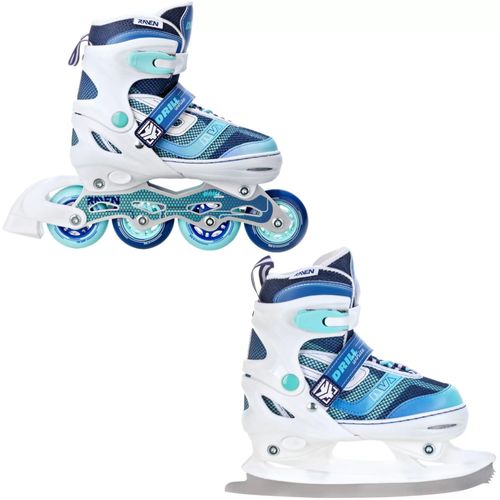 Roller En Ligne Drill Du 38 Au 42 + Patin A Glace Adulte - Enfant Mixte Taille Ajustable Blanc/Bleu Raven