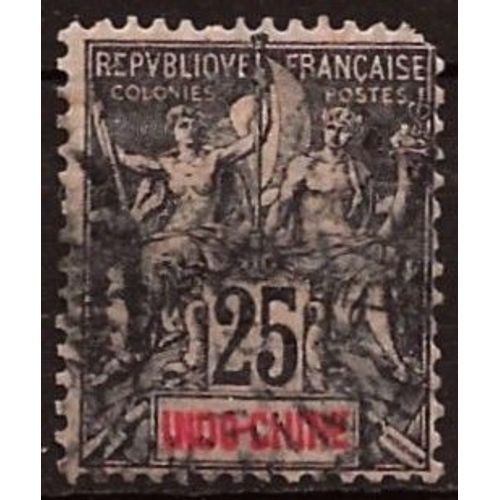 Indochine - Actuel Vietnam, Colonie Française 1892 - 96, Beau Timbre Yvert 10, Type Sage "Colonies", Navigation Et Commerce, 25c. Noir Sur Rose, Oblitéré, Coin Sup. Droit Rogné - Petit Prix -