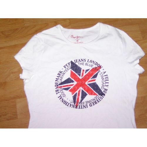 Tee Shirt Pepe Jeans Blanc, Drapeau Et Strass Taille 14 Ans Tbe