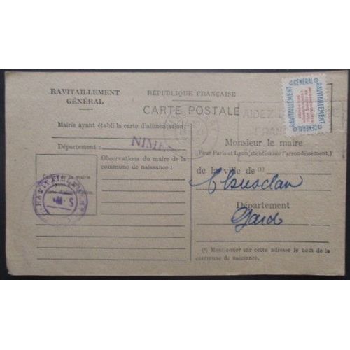 France Service N°15a Sur Carte De Ravitaillement De Nimes (Gard) Pour Chusclan (Gard)