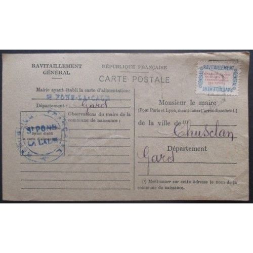 France Service N°15a Sur Carte De Ravitaillement De St Pons (Gard) Pour Chusclan (Gard)