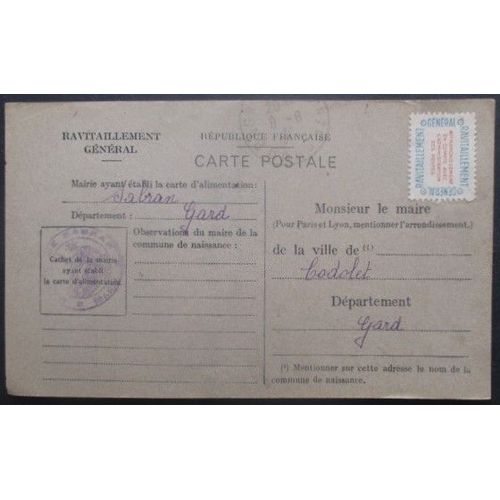 France Service N°15a Sur Carte De Ravitaillement De Sabran (Gard) Pour Codolet (Gard)