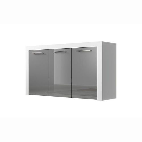 Buffet Bahut 3 Portes | Poignées Inox | 144 X 80 X 42 Cm | Couleur Blanc Et Gris Finition Brillante | Rangement | Nelia